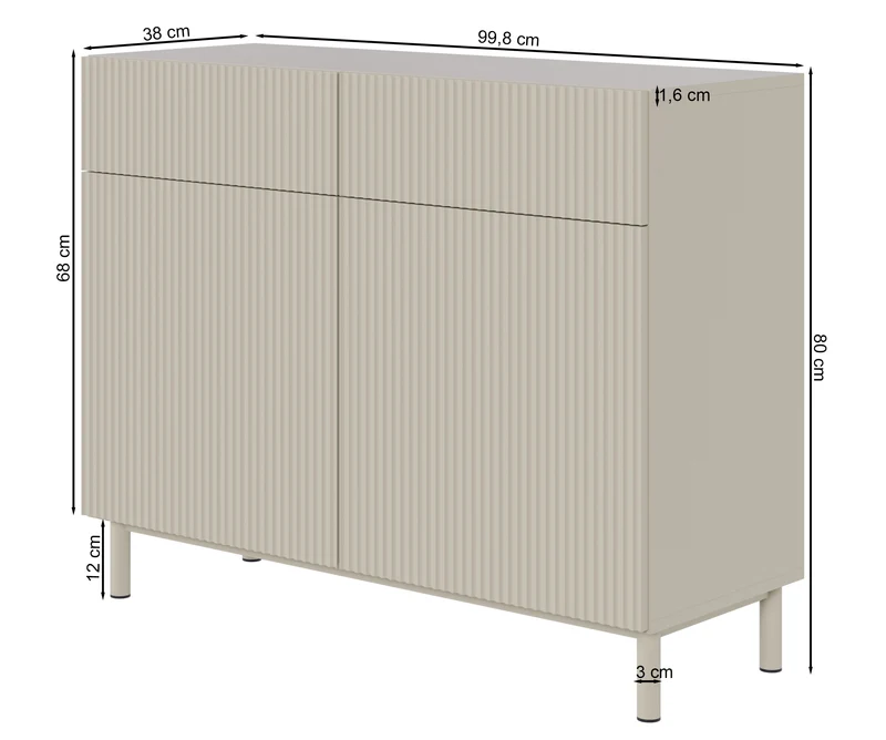 Zweiturige Kommode Veldio New mit gefräster Front und zwei Schubladen, 100 cm, grau-beige