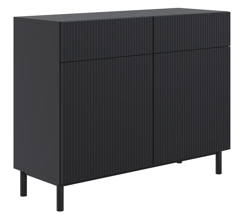 Zweiturige Kommode Veldio New mit gefräster Front und zwei Schubladen, 100 cm, grau-beige