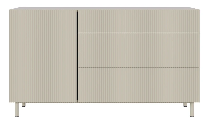 Einzeltür-Kommode Veldio New mit gefräster Front und drei Schubladen, 140 cm, grau-beige