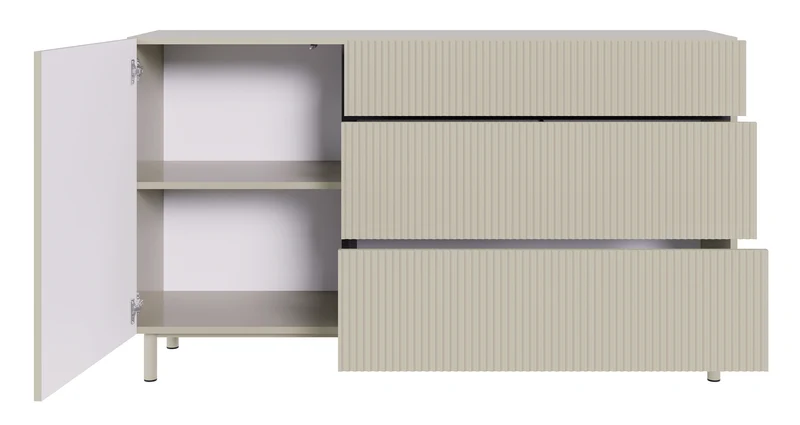 Einzeltür-Kommode Veldio New mit gefräster Front und drei Schubladen, 140 cm, grau-beige