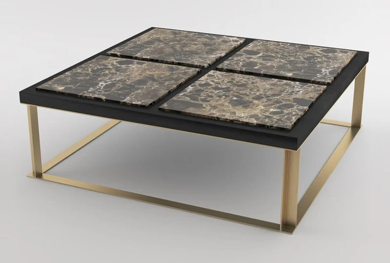 Casa Padrino Luxus Couchtisch Schwarz / Braun / Messingfarben 123 x 123 x H. 40 cm - Moderner quadratischer Wohnzimmertisch mit 4 Marmorplatten - Luxus Wohnzimmer Möbel