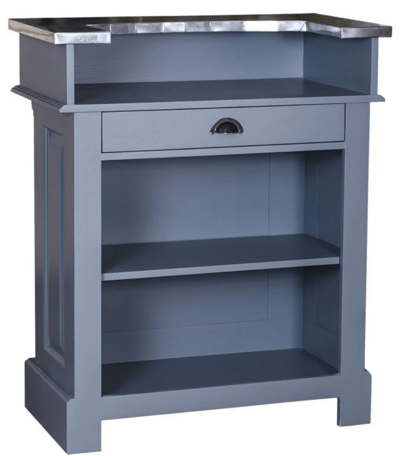 Casa Padrino Landhausstil Theke Blau / Silber 90 x 51 x H. 107 cm - Massivholz Thekentisch mit verzinkter Tischplatte
