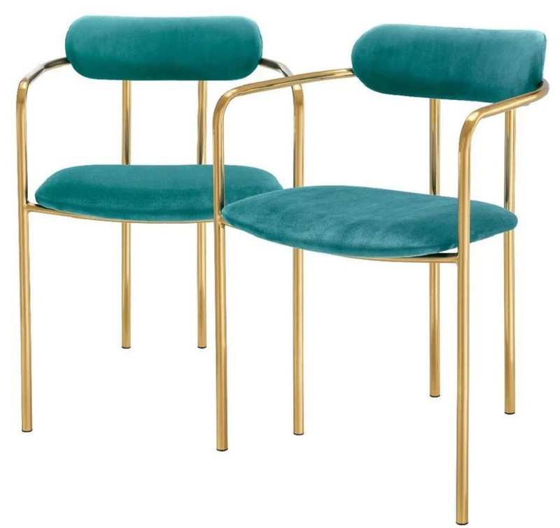 Casa Padrino Luxus Esszimmerstühle mit Armlehnen Türkis / Gold 53 x 50 x H. 74 cm - Küchenstühle mit edlem Samtstoff - Esszimmer Set - Esszimmer Möbel