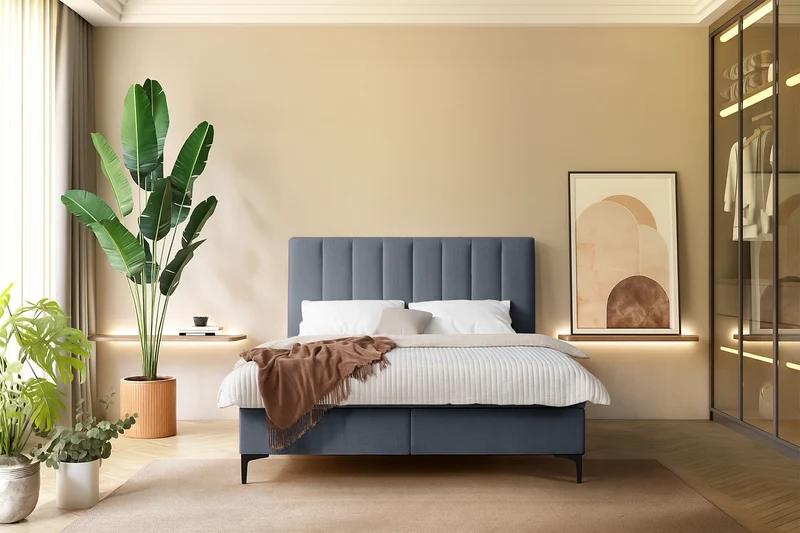 Kontinentales Bett 160x200 cm Lorentes mit Stauraum und Topper, dunkelgraues Geflecht