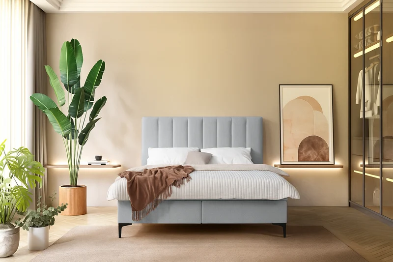 Kontinentales Bett 140x200 cm Lorentes mit Stauraum und Topper, hellgraues Flechtmuster