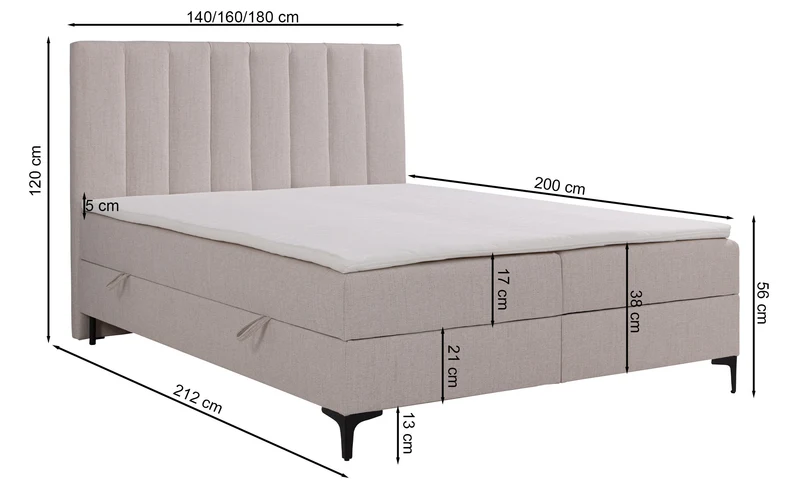 Kontinentales Bett 140x200 cm Lorentes mit Stauraum und Topper, cremefarbenes Geflecht
