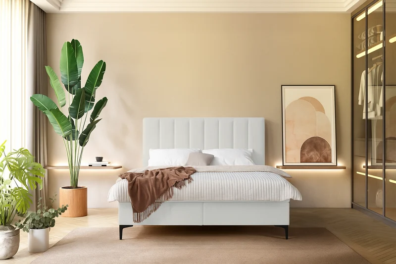 Kontinentalbett 160x200 cm Lorentes mit Stauraum und Topper, cremefarbenes Geflecht