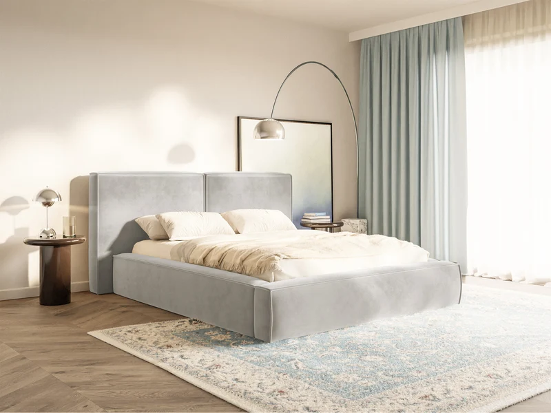 Polsterbett 200x200 cm Tilves mit Stauraum, Metallrahmen, grau-beiges Samt