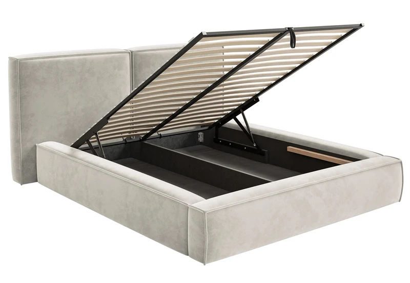 Polsterbett 200x200 cm Tilves mit Stauraum, Metallrahmen, grau-beiges Samt
