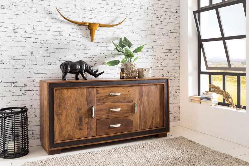 Sideboard Sheesham Massivholz 160x44x80cm Landhausstil Schubladen Türen