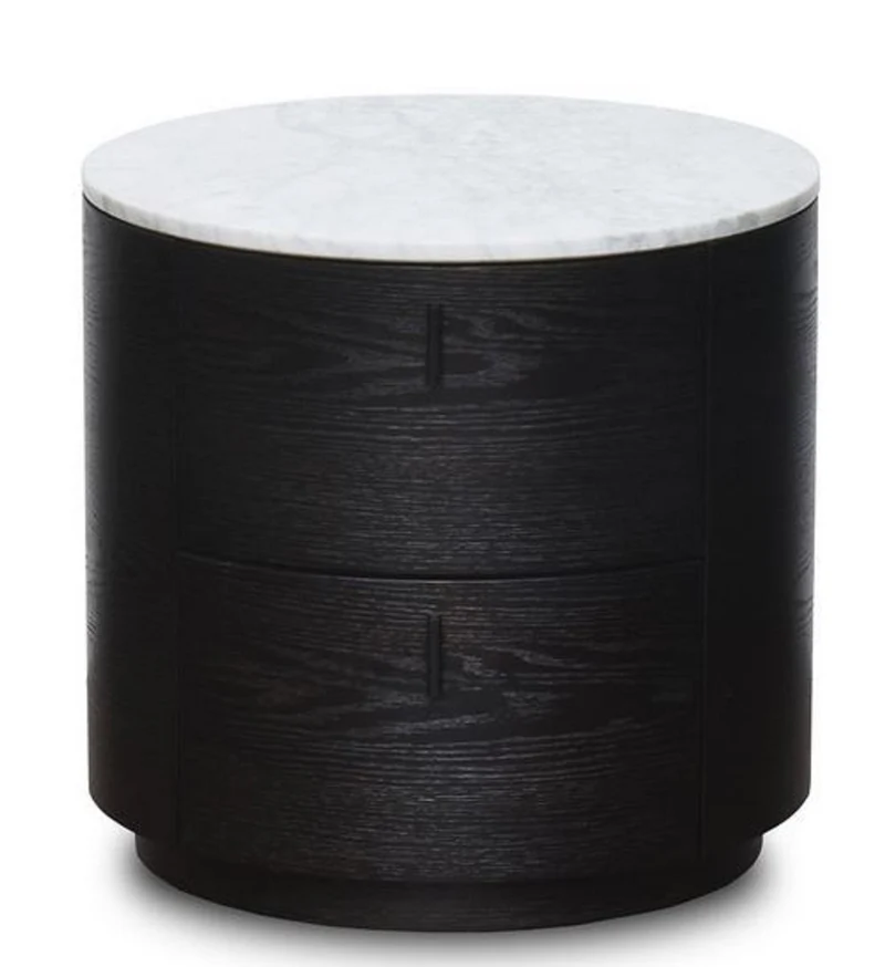 Casa Padrino Luxus Beistelltisch Schwarz / Weiß Ø 48 x H. 46 cm - Runder Holz Tisch mit Marmorplatte und 2 Schubladen
