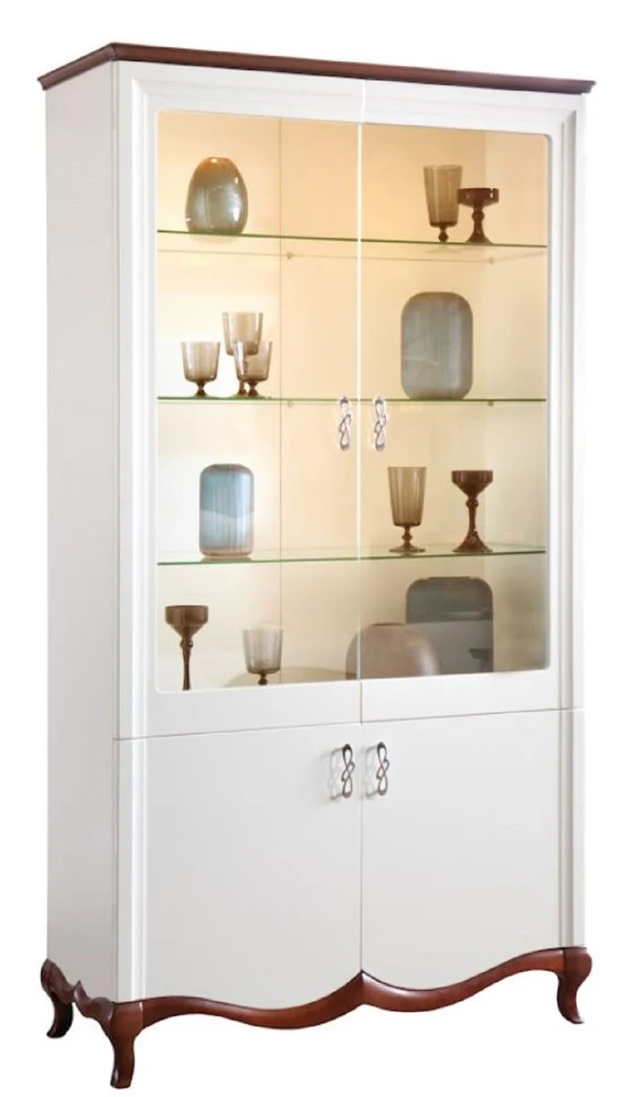 Casa Padrino Luxus Art Deco Vitrinenschrank Weiß / Dunkelbraun 114 x 46,5 x H. 209,5 cm - Wohnzimmerschrank mit 4 Türen - Wohnzimmermöbel