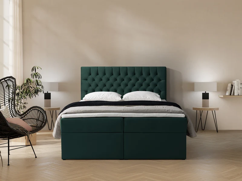 Kontinentales Bett 180x200 cm Daissy mit Stauraum und Topper, Flaschengrün Samt