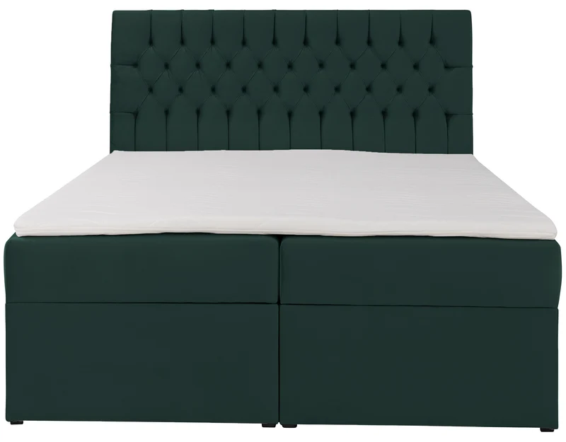 Kontinentales Bett 180x200 cm Daissy mit Stauraum und Topper, Flaschengrün Samt
