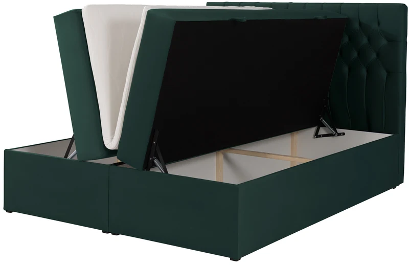 Kontinentales Bett 180x200 cm Daissy mit Stauraum und Topper, Flaschengrün Samt