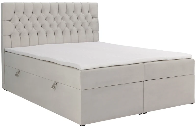 Kontinentales Bett 160x200 cm Daissy mit Stauraum und Topper, hellbeiger Samt