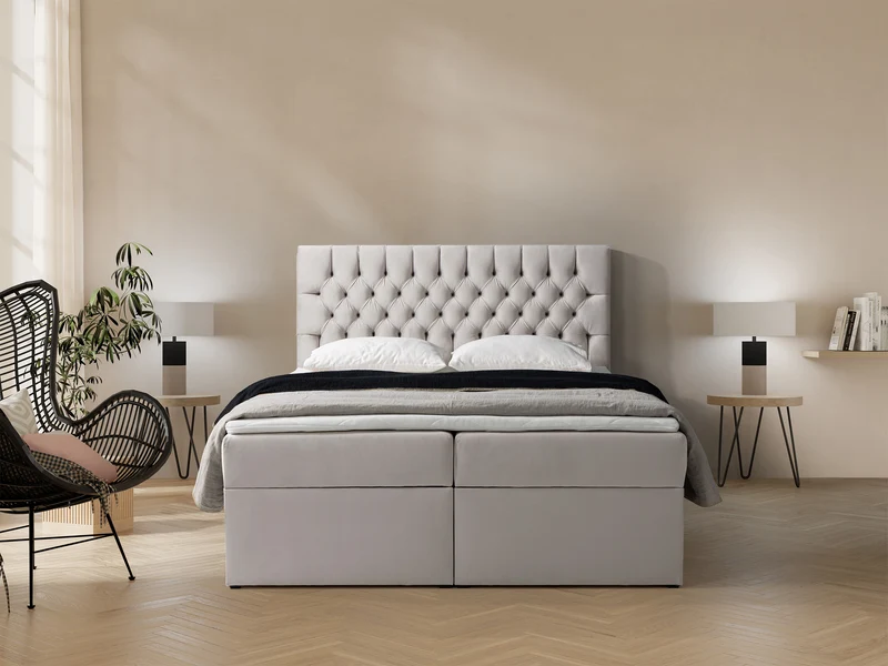 Kontinentales Bett 160x200 cm Daissy mit Stauraum und Topper, hellbeiger Samt