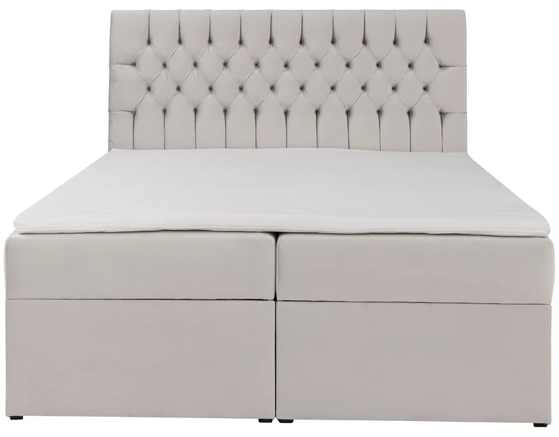 Kontinentales Bett 160x200 cm Daissy mit Stauraum und Topper, hellbeiger Samt