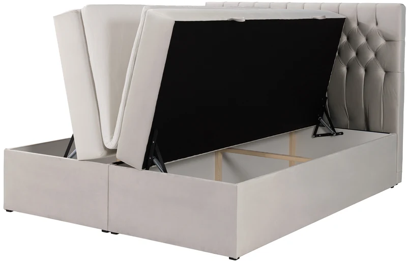 Kontinentales Bett 160x200 cm Daissy mit Stauraum und Topper, hellbeiger Samt