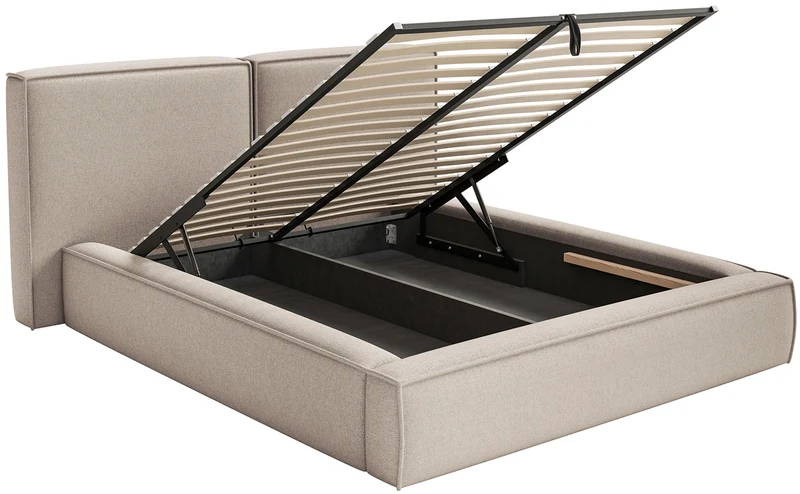 Polsterbett 200x200 cm Tilves mit Stauraum, Metallrahmen, beige Chenille
