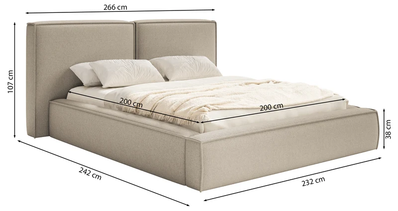 Gepolstertes Bett 200x200 cm Tilves mit Stauraum, Metallrahmen, hellbeiger Chenille