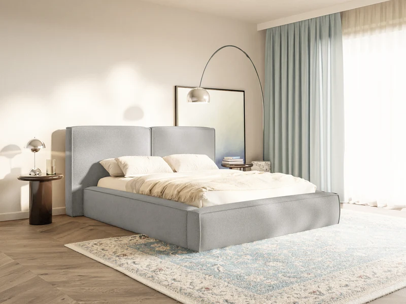 Polsterbett 200x200 cm Tilves mit Stauraum, Metallrahmen, hellgrauer Chenillestoff