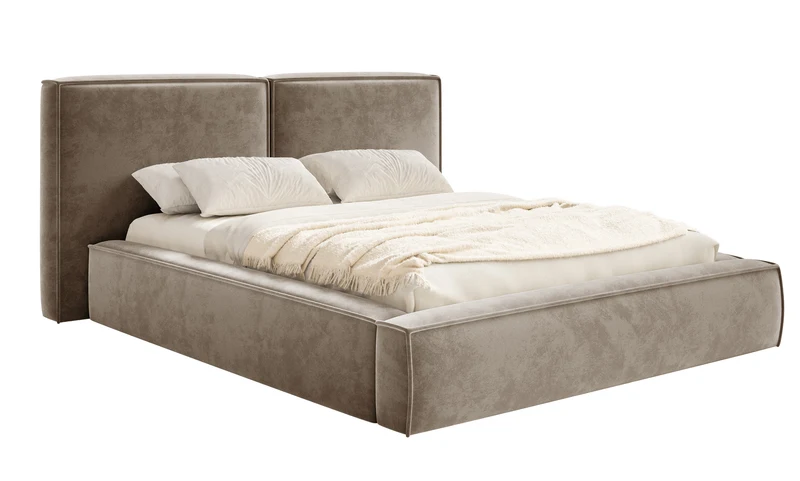 Polsterbett 200x200 cm Tilves mit Stauraum, Metallrahmen, hellbrauner Samt