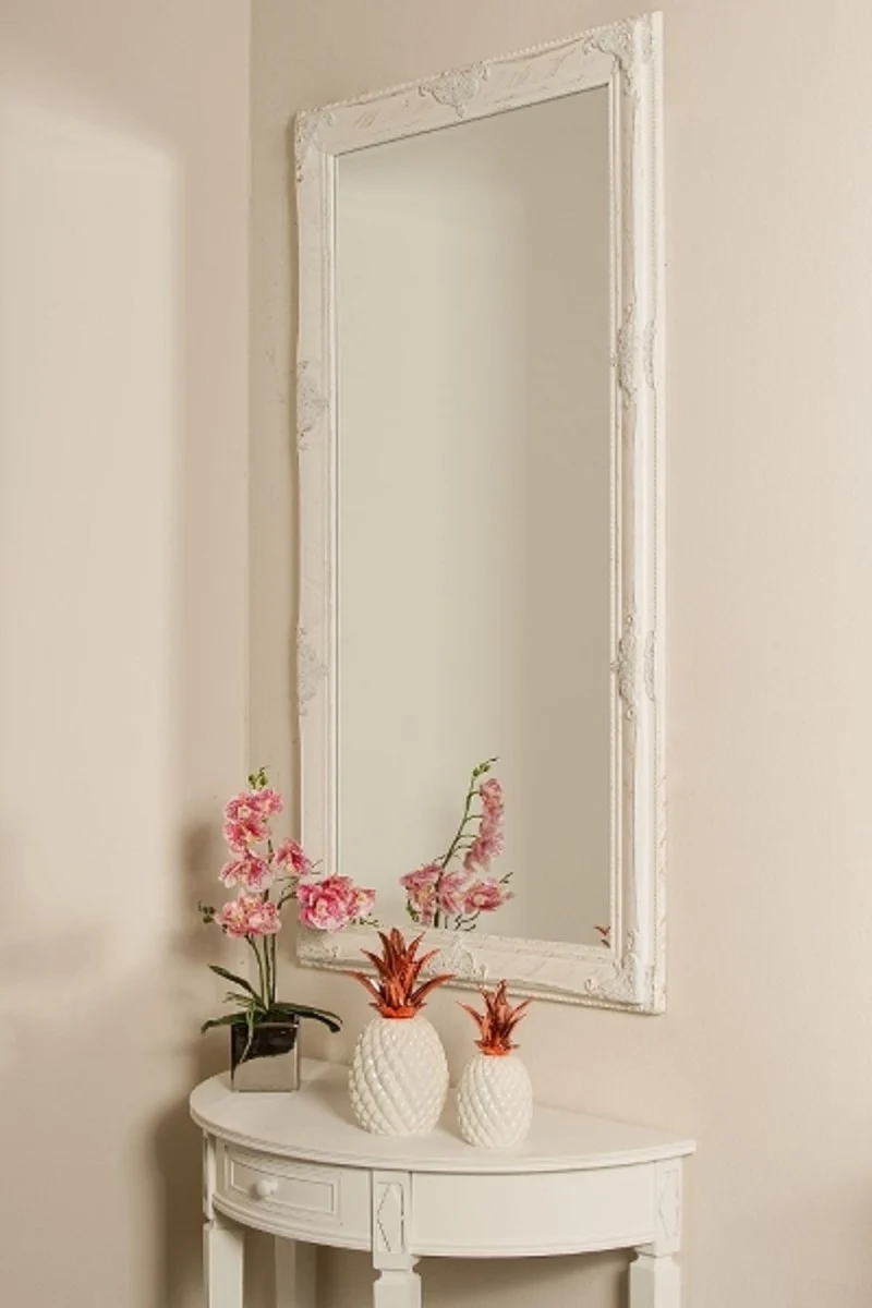Casa Padrino Barock Wandspiegel Weiß 72 x H. 132 cm - Handgefertigter Barock Spiegel mit Holzrahmen und wunderschönen Verzierungen