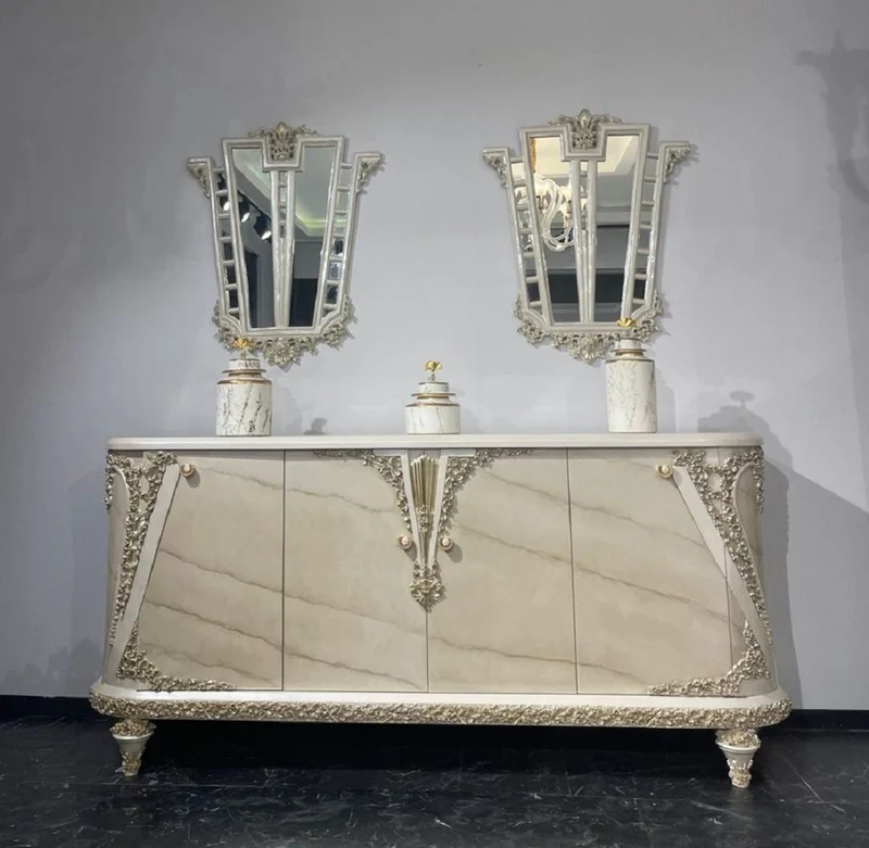 Casa Padrino Luxus Barock Sideboard Beige / Grau / Gold - Barockstil Massivholz Schrank mit 4 Türen - Luxus Möbel im Barockstil - Barock Möbel - Edel & Prunkvoll
