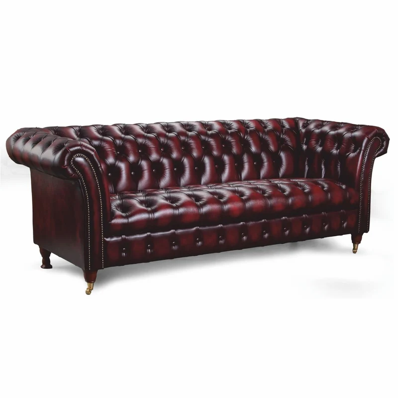 Casa Padrino Luxus Chesterfield Leder 2er Sofa Dunkelweinrot / Messing 200 cm - Echtleder Möbel