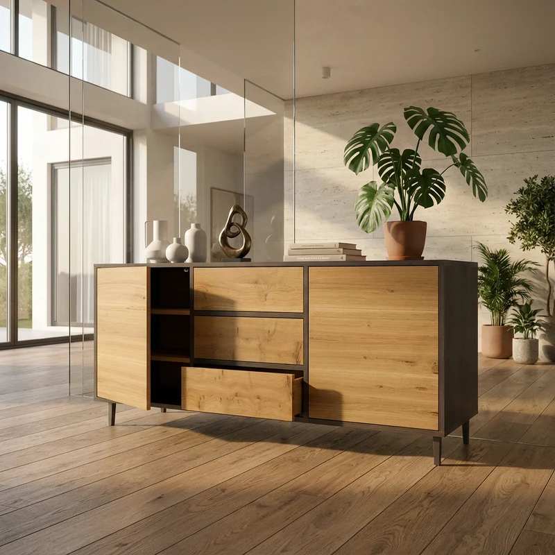 Sideboard Eiche Rustikal - Natur/Schwarz geölt 180cm