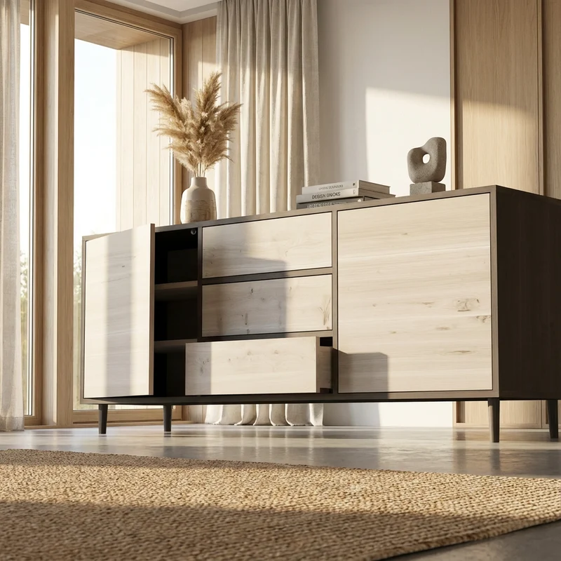 Sideboard Eiche Rustikal - Schwarz/weiß geölt 180cm