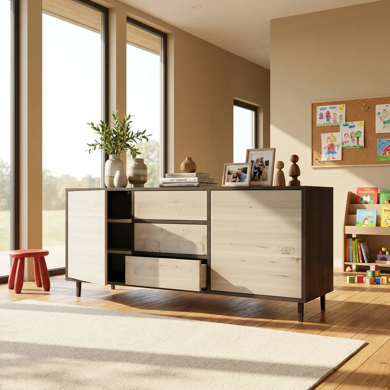 Sideboard Eiche Rustikal - Schwarz/weiß geölt 180cm