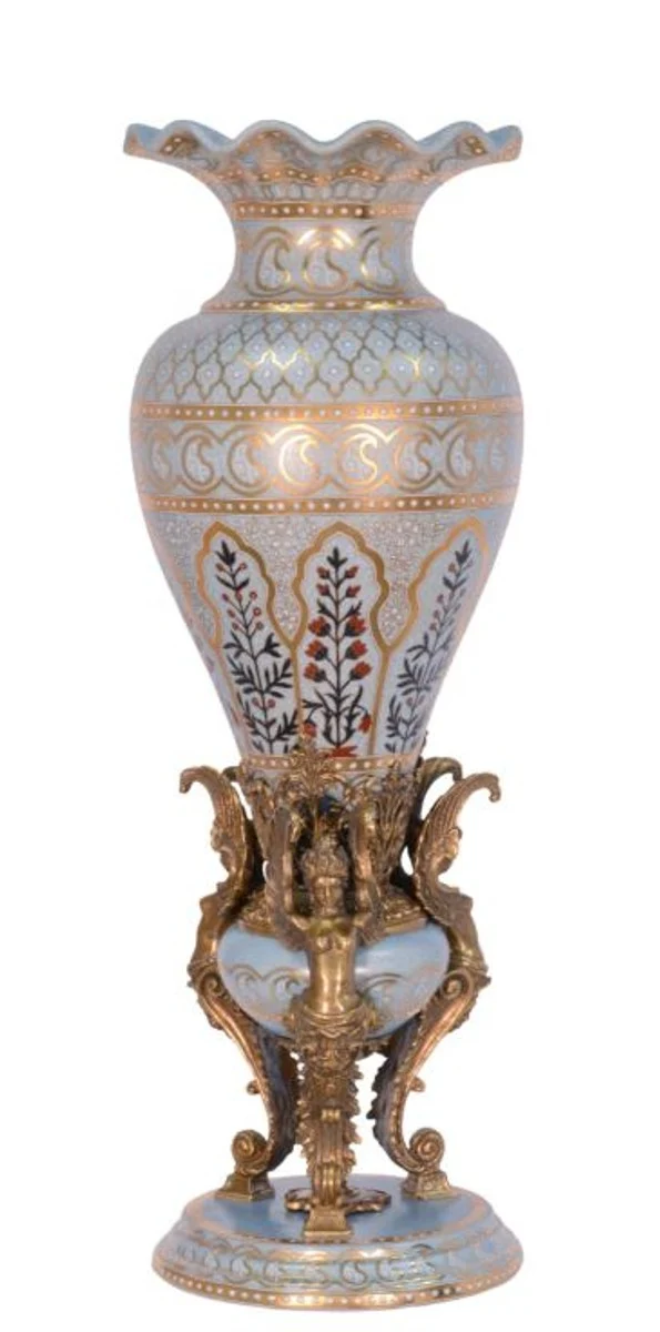 Casa Padrino Luxus Porzellan Vase im Barockstil Hellblau / Bronze - Durchmesser 19,8 x H. 57,2 cm