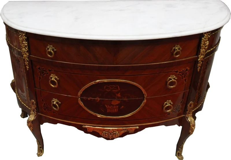 Französische Antik Stil Kommode Intarsien Braun mit weißer Marmorplatte Strasbourg - Barock Möbel