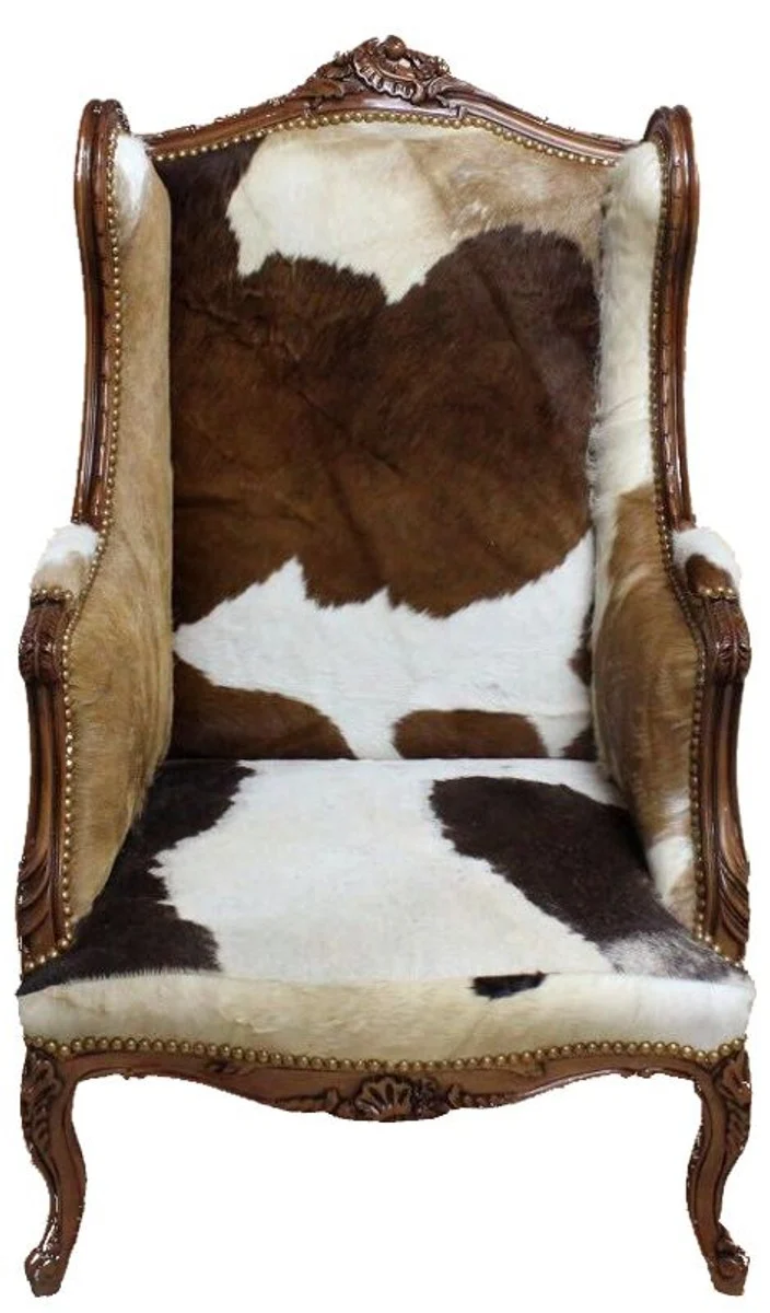 Casa Padrino Barock Lounge Thron Sessel mit Kuhfell, Ohrensessel im Antik Stil, Naturholzfarbig, 120 x 83 x 64 cm