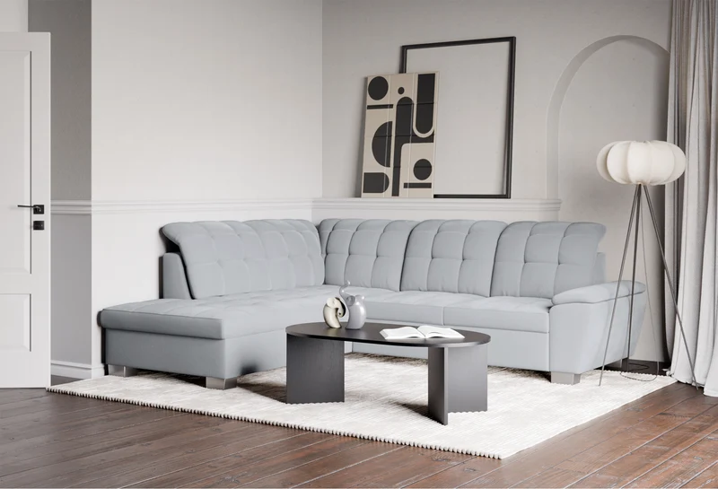 Ecksofa mit Schlafunktion Jamaal, L-förmig, linksseitig, mit Stauraum, hellgraues Geflecht
