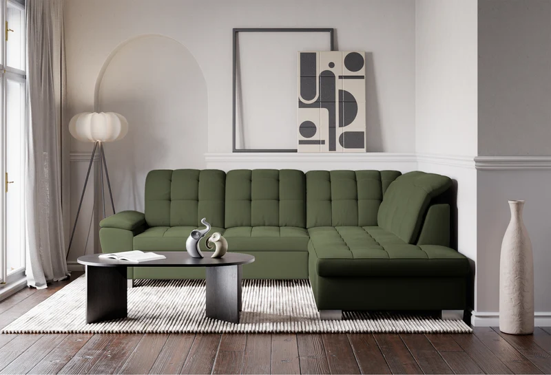 Ecksofa mit Schlaffunktion Jamaal, L-förmig, rechtsseitig, mit Stauraum, khaki Flechtoptik