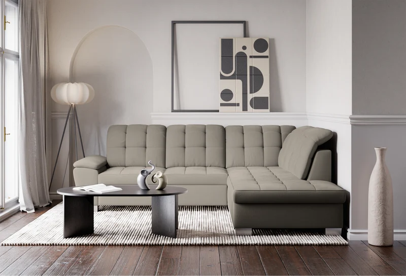 Ecksofa mit Schlafunktion Jamaal, L-förmig, rechtsseitig, mit Stauraum, grau-beige Flechtoptik