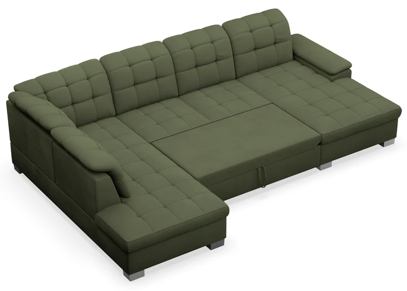 Ecksofa mit Schlaffunktion Jamaal U-förmig rechtsseitig mit Stauraum khaki Flechtmuster