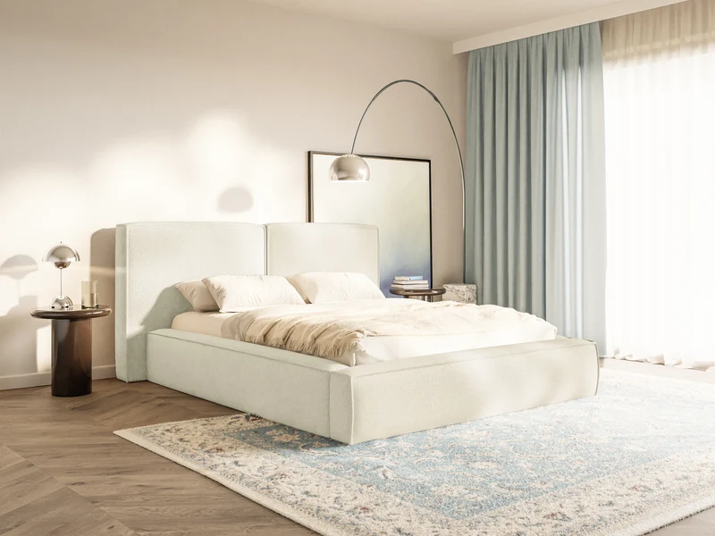Polsterbett 140x200 cm Tilves mit Stauraum, Metalllattenrost, cremefarbener Chenillebezug
