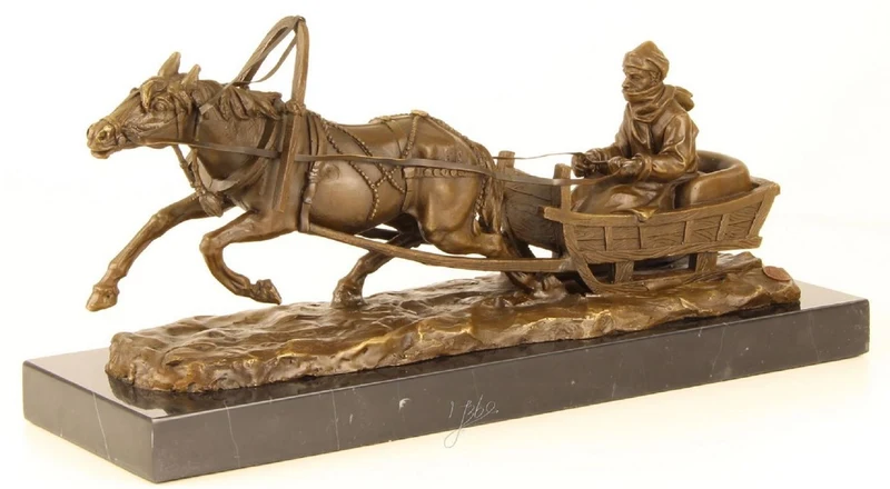 Casa Padrino Luxus Bronze Skulptur Pferd zieht Schlitten Bronze / Gold / Schwarz 42,1 x 13 x H. 19 cm - Luxus Qualität