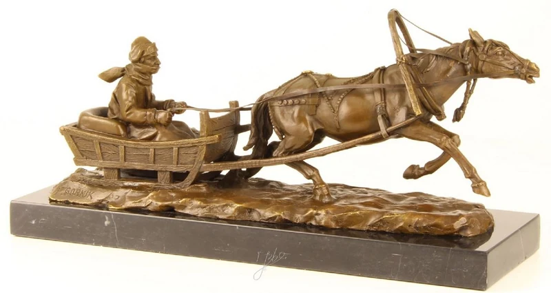 Casa Padrino Luxus Bronze Skulptur Pferd zieht Schlitten Bronze / Gold / Schwarz 42,1 x 13 x H. 19 cm - Luxus Qualität
