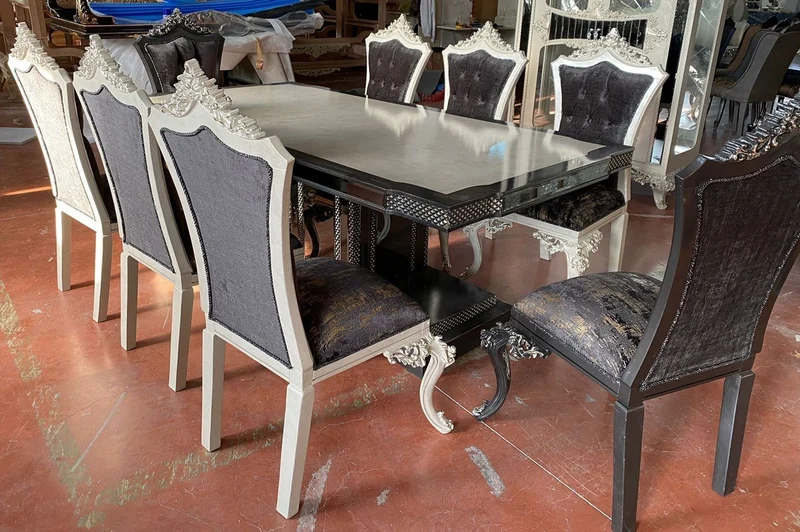 Casa Padrino Luxus Barock Esszimmer Set Creme / Blau / Gold - 1 Barock Esstisch & 6 Barock Esszimmerstühle - Luxus Esszimmer Möbel im Barockstil - Prunkvolle Barock Esszimmer Möbel