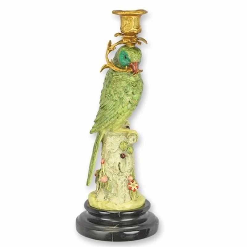 Casa Padrino Jugendstil Kerzenständer Papagei schaut nach rechts Grün / Gold / Schwarz H. 31 cm