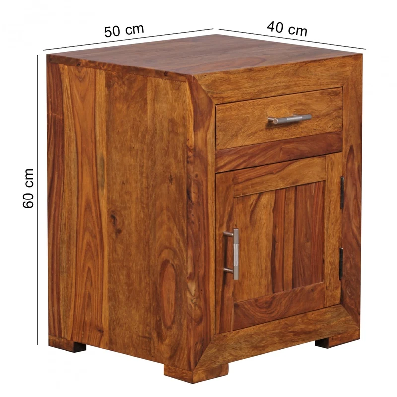 Nachttisch MUMBAI Sheesham Massivholz 60cm mit Schublade & Tür