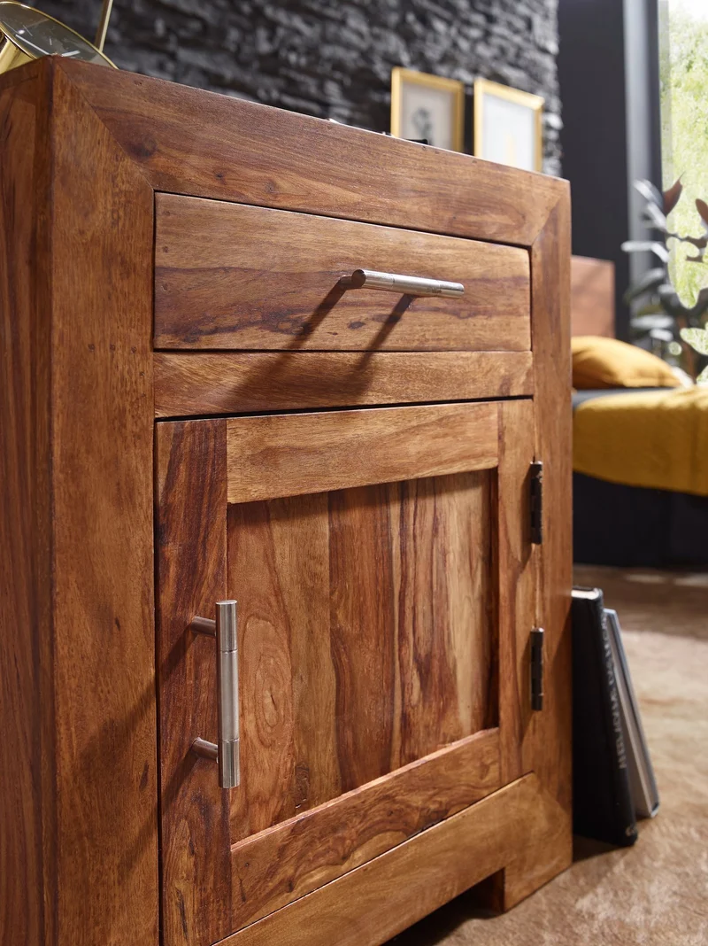 Nachttisch MUMBAI Sheesham Massivholz 60cm mit Schublade & Tür