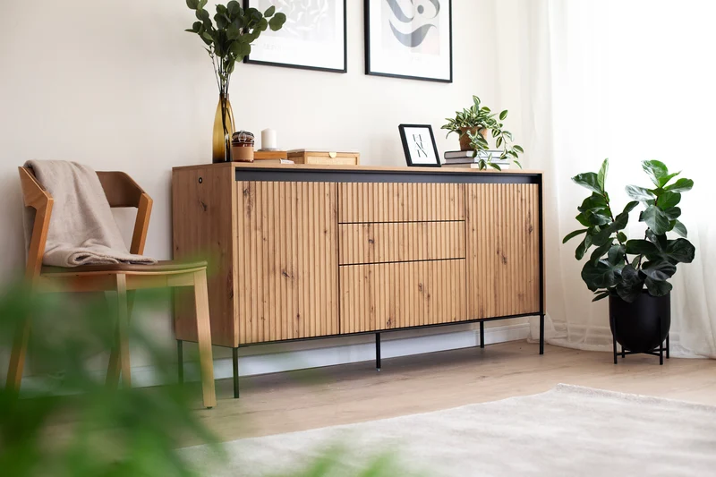 Trend Kommode mit zwei Türen, 166 cm, mit drei LED-Schubladen, Artisan-Eiche
