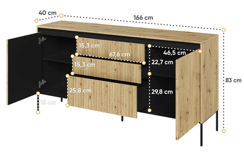 Trend Kommode mit zwei Türen, 166 cm, mit drei LED-Schubladen, Artisan-Eiche
