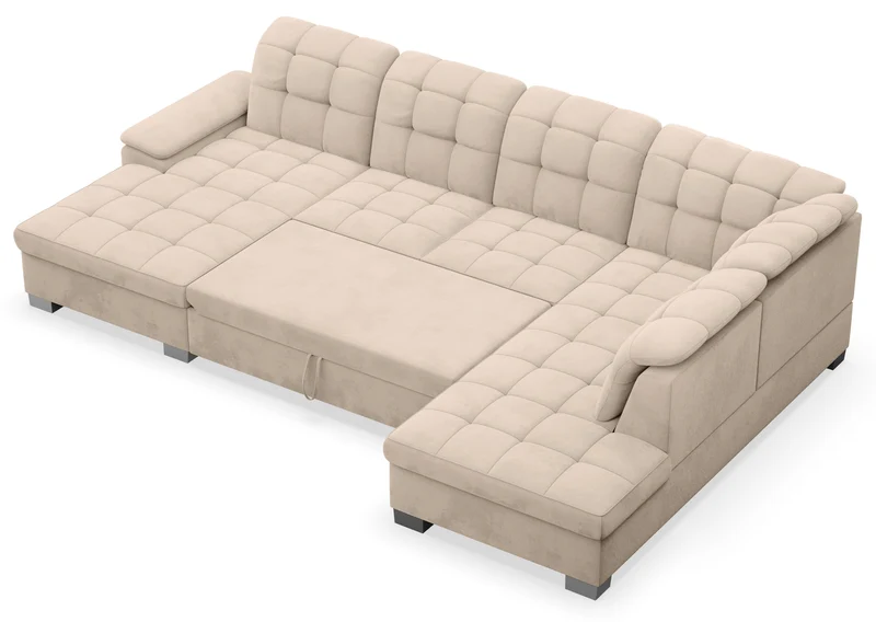 Ecksofa mit Schlaffunktion Jamaal U-förmig linksseitig mit Stauraum beige hydrophobes Samtvelours